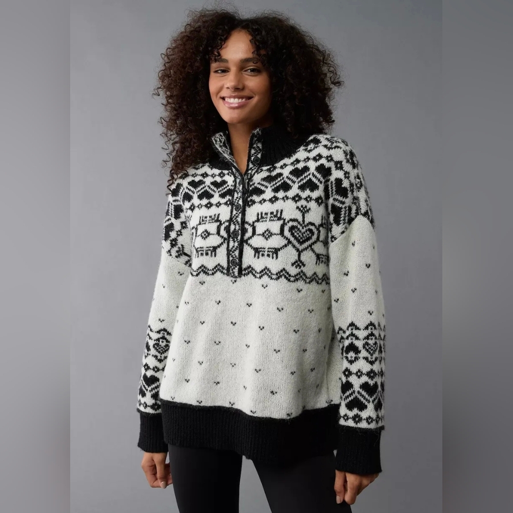 Americian Eagel Oversized Quarter Snap Mock Neck Fairisle Sweater